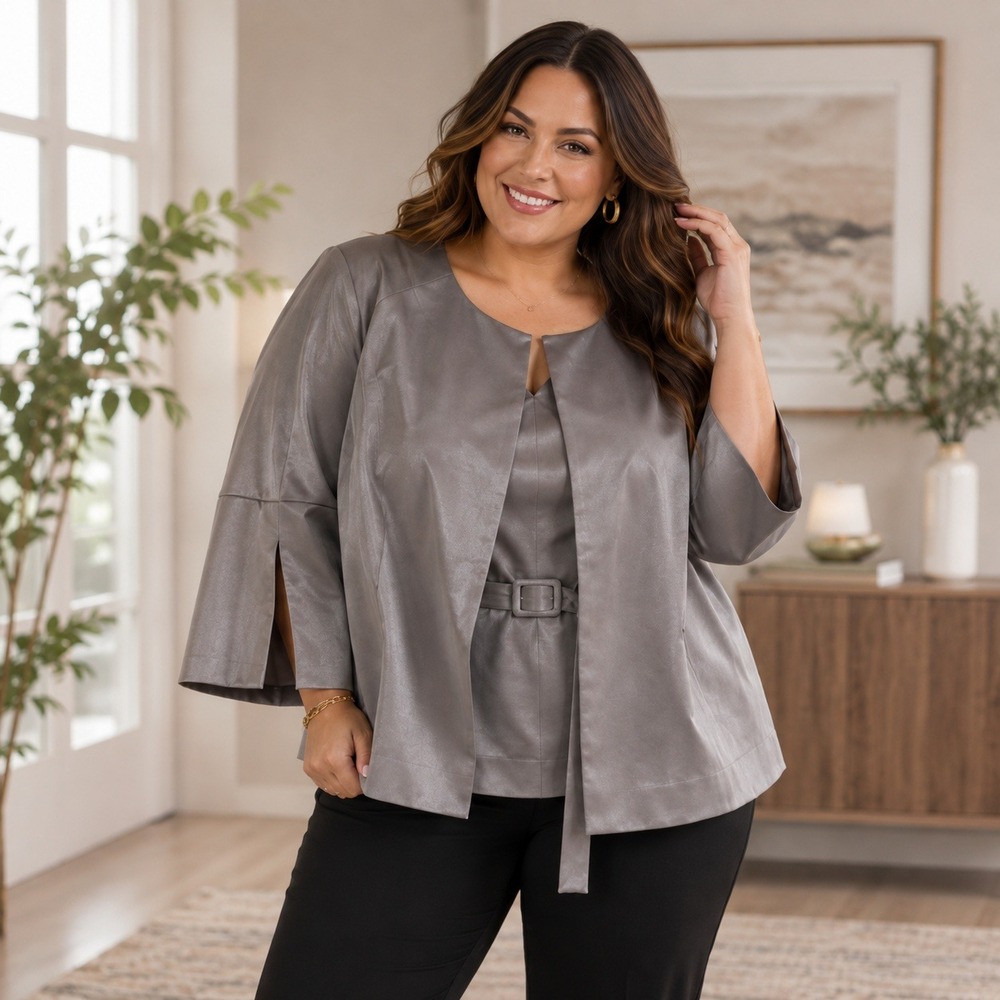 Vintage Spiegel 2 Piece Jacket Blouse Set Silver Metallic Plus Size 18 36046